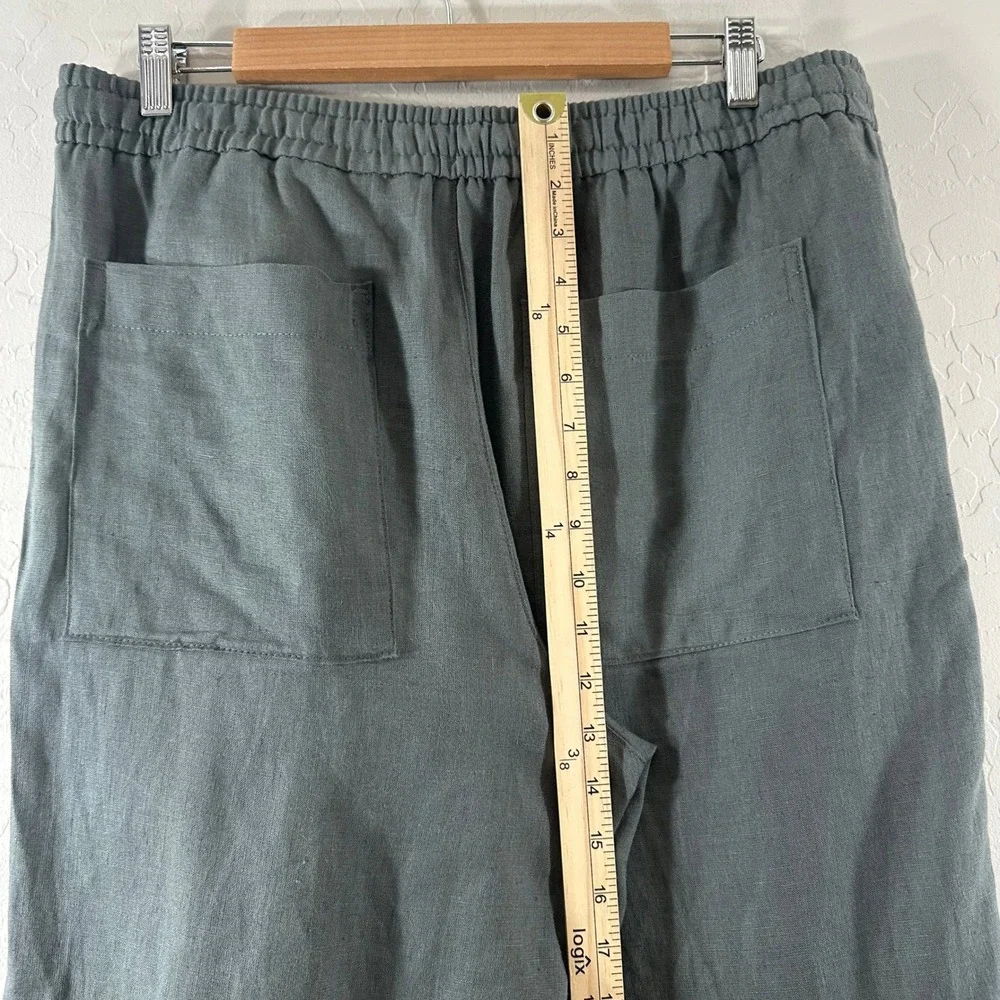 Zara Womens 100% Linen Pants Dark Grey Elastic Drawstring Straight Leg Large NEW